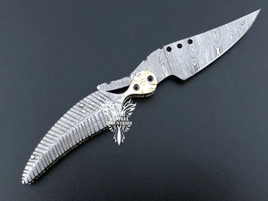 8.5" Custom Handmade Damascus Pocket Folding Knife, Liner Lock Folding Pocket Knife with Leather Pouch (KFK-127)