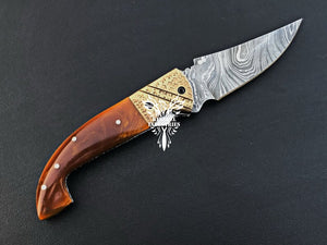 7.75" Custom Handmade Damascus Pocket Folding Knife, Liner Lock Folding Pocket Knife with Leather Pouch (KFK-103)