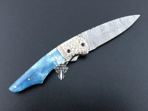 7" Custom Handmade Damascus Pocket Folding Knife, Liner Lock Folding Pocket Knife with Leather Pouch (KFK-122)