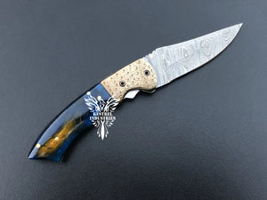 7" Custom Handmade Damascus Pocket Folding Knife, Liner Lock Folding Pocket Knife with Leather Pouch (KFK-120)