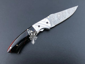 7" Custom Handmade Damascus Pocket Folding Knife, Liner Lock Folding Pocket Knife with Leather Pouch (KFK-119)