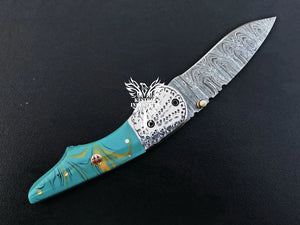 7" Custom Handmade Damascus Pocket Folding Knife, Liner Lock Folding Pocket Knife with Leather Pouch (KFK-109)