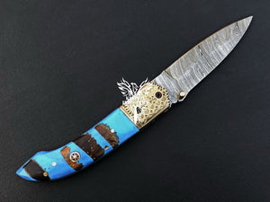 8" Custom Handmade Damascus Pocket Folding Knife, Liner Lock Folding Pocket Knife with Leather Pouch (KFK-102)