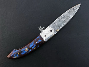 8" Custom Handmade Damascus Pocket Folding Knife, Liner Lock Folding Pocket Knife with Leather Pouch (KFK-104)