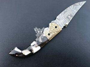 7.75" Custom Handmade Damascus Pocket Folding Knife, Liner Lock Folding Pocket Knife with Leather Pouch (KFK-114)