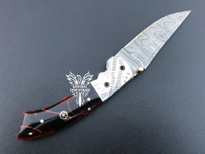 7" Custom Handmade Damascus Pocket Folding Knife, Liner Lock Folding Pocket Knife with Leather Pouch (KFK-119)