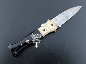 7" Custom Handmade Damascus Pocket Folding Knife, Liner Lock Folding Pocket Knife with Leather Pouch (KFK-121)