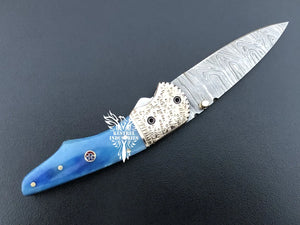 7" Custom Handmade Damascus Pocket Folding Knife, Liner Lock Folding Pocket Knife with Leather Pouch (KFK-122)