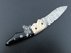 7" Custom Handmade Damascus Pocket Folding Knife, Liner Lock Folding Pocket Knife with Leather Pouch (KFK-123)