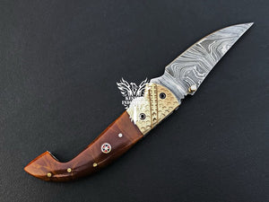 7.75" Custom Handmade Damascus Pocket Folding Knife, Liner Lock Folding Pocket Knife with Leather Pouch (KFK-103)