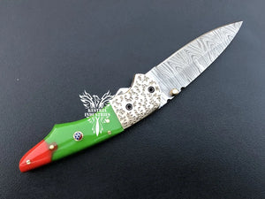 7" Custom Handmade Damascus Pocket Folding Knife, Liner Lock Folding Pocket Knife with Leather Pouch (KFK-115)