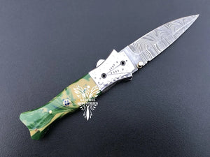 7" Custom Handmade Damascus Pocket Folding Knife, Liner Lock Folding Pocket Knife with Leather Pouch (KFK-118)