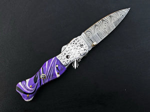 7" Custom Handmade Damascus Pocket Folding Knife, Liner Lock Folding Pocket Knife with Leather Pouch (KFK-105)