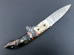 8" Custom Handmade Damascus Pocket Folding Knife, Liner Lock Folding Pocket Knife with Leather Pouch (KFK-116)