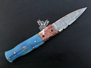 7" Custom Handmade Damascus Pocket Folding Knife, Liner Lock Folding Pocket Knife with Leather Pouch (KFK-106)