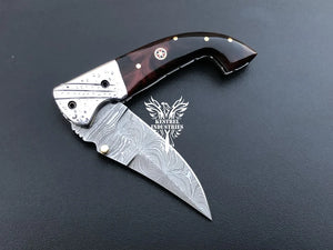 7.75" Custom Handmade Damascus Pocket Folding Knife, Liner Lock Folding Pocket Knife with Leather Pouch (KFK-113)