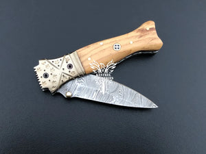 7" Custom Handmade Damascus Pocket Folding Knife, Liner Lock Folding Pocket Knife with Leather Pouch (KFK-125)