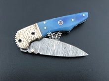 Load image into Gallery viewer, 7&quot; Custom Handmade Damascus Pocket Folding Knife, Liner Lock Folding Pocket Knife with Leather Pouch (KFK-122)
