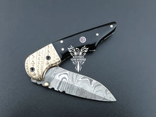 Load image into Gallery viewer, 7&quot; Custom Handmade Damascus Pocket Folding Knife, Liner Lock Folding Pocket Knife with Leather Pouch (KFK-123)
