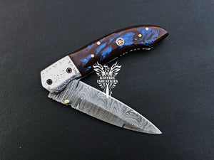 8" Custom Handmade Damascus Pocket Folding Knife, Liner Lock Folding Pocket Knife with Leather Pouch (KFK-104)