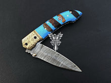 Load image into Gallery viewer, 8&quot; Custom Handmade Damascus Pocket Folding Knife, Liner Lock Folding Pocket Knife with Leather Pouch (KFK-102)
