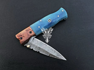 7" Custom Handmade Damascus Pocket Folding Knife, Liner Lock Folding Pocket Knife with Leather Pouch (KFK-106)