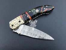 Load image into Gallery viewer, 8&quot; Custom Handmade Damascus Pocket Folding Knife, Liner Lock Folding Pocket Knife with Leather Pouch (KFK-116)
