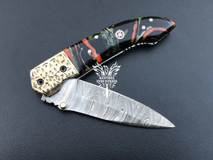 8" Custom Handmade Damascus Pocket Folding Knife, Liner Lock Folding Pocket Knife with Leather Pouch (KFK-116)