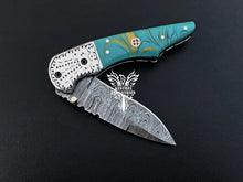 Load image into Gallery viewer, 7&quot; Custom Handmade Damascus Pocket Folding Knife, Liner Lock Folding Pocket Knife with Leather Pouch (KFK-109)
