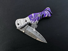 Load image into Gallery viewer, 7&quot; Custom Handmade Damascus Pocket Folding Knife, Liner Lock Folding Pocket Knife with Leather Pouch (KFK-105)
