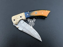 Load image into Gallery viewer, 7&quot; Custom Handmade Damascus Pocket Folding Knife, Liner Lock Folding Pocket Knife with Leather Pouch (KFK-120)
