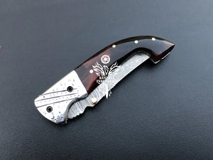 7.75" Custom Handmade Damascus Pocket Folding Knife, Liner Lock Folding Pocket Knife with Leather Pouch (KFK-113)