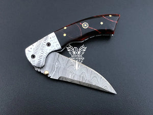 7" Custom Handmade Damascus Pocket Folding Knife, Liner Lock Folding Pocket Knife with Leather Pouch (KFK-119)