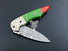 Load image into Gallery viewer, 7&quot; Custom Handmade Damascus Pocket Folding Knife, Liner Lock Folding Pocket Knife with Leather Pouch (KFK-115)
