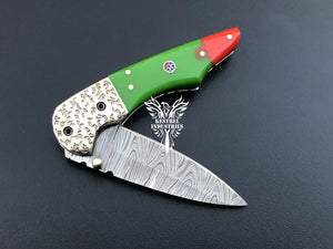 7" Custom Handmade Damascus Pocket Folding Knife, Liner Lock Folding Pocket Knife with Leather Pouch (KFK-115)