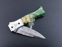 Load image into Gallery viewer, 7&quot; Custom Handmade Damascus Pocket Folding Knife, Liner Lock Folding Pocket Knife with Leather Pouch (KFK-118)
