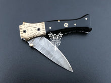 Load image into Gallery viewer, 7&quot; Custom Handmade Damascus Pocket Folding Knife, Liner Lock Folding Pocket Knife with Leather Pouch (KFK-121)
