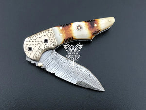 7" Custom Handmade Damascus Pocket Folding Knife, Liner Lock Folding Pocket Knife with Leather Pouch (KFK-124)