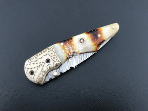 7" Custom Handmade Damascus Pocket Folding Knife, Liner Lock Folding Pocket Knife with Leather Pouch (KFK-124)