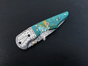 7" Custom Handmade Damascus Pocket Folding Knife, Liner Lock Folding Pocket Knife with Leather Pouch (KFK-109)