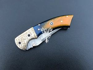 7" Custom Handmade Damascus Pocket Folding Knife, Liner Lock Folding Pocket Knife with Leather Pouch (KFK-120)