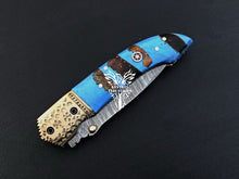 Load image into Gallery viewer, 8&quot; Custom Handmade Damascus Pocket Folding Knife, Liner Lock Folding Pocket Knife with Leather Pouch (KFK-102)
