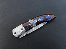 Load image into Gallery viewer, 8&quot; Custom Handmade Damascus Pocket Folding Knife, Liner Lock Folding Pocket Knife with Leather Pouch (KFK-104)
