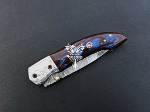 8" Custom Handmade Damascus Pocket Folding Knife, Liner Lock Folding Pocket Knife with Leather Pouch (KFK-104)