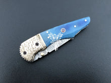 Load image into Gallery viewer, 7&quot; Custom Handmade Damascus Pocket Folding Knife, Liner Lock Folding Pocket Knife with Leather Pouch (KFK-122)
