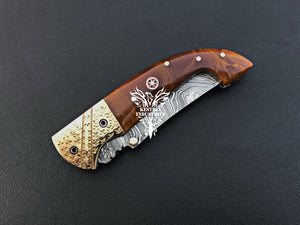 7.75" Custom Handmade Damascus Pocket Folding Knife, Liner Lock Folding Pocket Knife with Leather Pouch (KFK-103)